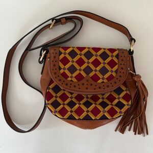Isabella Fiore Brown Leather Crossbody with Red, Yellow, and Purple Pattern